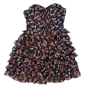 90s Guess black floral ruffled strapless sweetheart neck A-line minidress